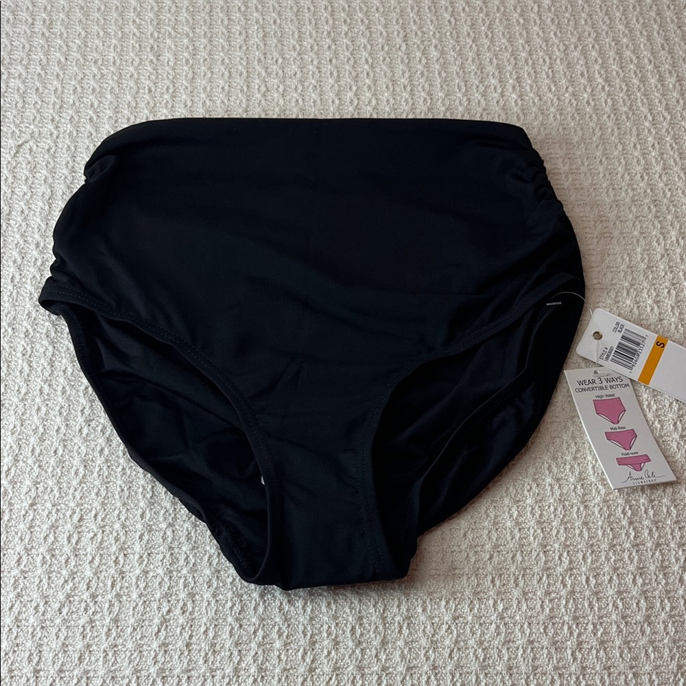 Anne Cole 3-way swim bottoms, ruched sides hi-waist, mid, or fold over, black S
